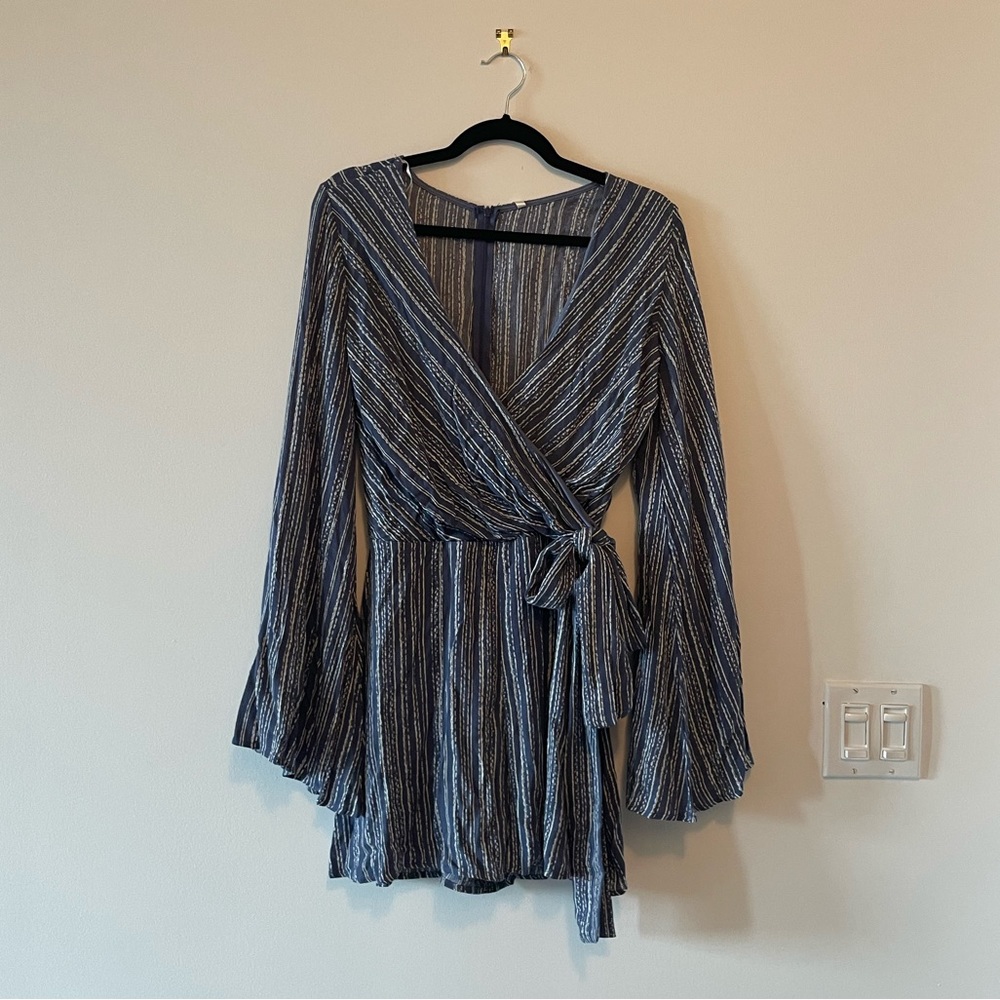 Sage (from Mendocino) Blue and White Striped Shorts Romper, Size Large.